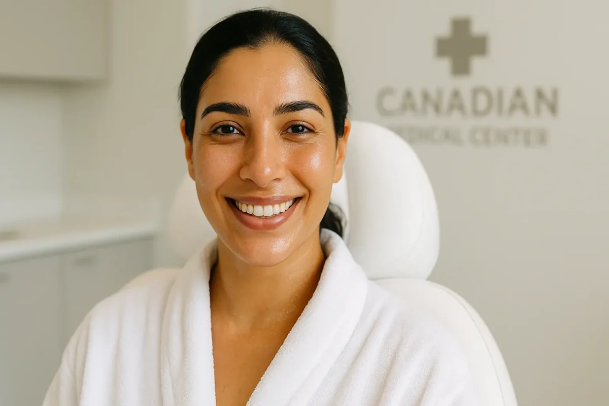 Radiant Middle Eastern woman smiling after HydraFacial, glowing healthy skin, sitting in a modern Abu Dhabi medical spa.
