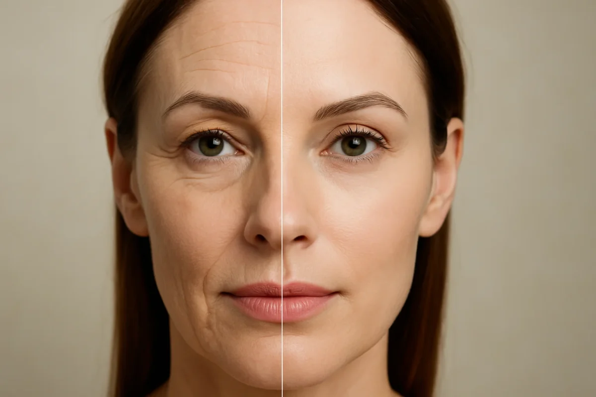 Before and after comparison of a woman's face showing fine lines and wrinkles with Dysport vs Botox treatment, highlighting smoother, youthful skin.