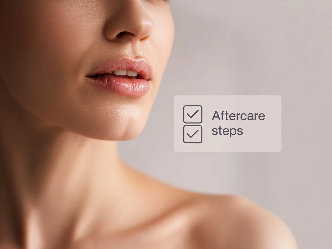 Close-up of a woman’s lips and chin with text overlay about aftercare steps, highlighting lip filler aftercare guidance.