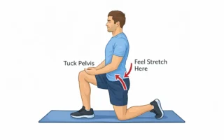 Man performing anterior pelvic tilt exercises: half-kneeling hip flexor stretch to correct posture and relieve lower back pain.
