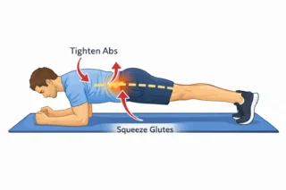 Man performing anterior pelvic tilt exercises: forearm plank to engage core and glutes for improved posture and back stability.