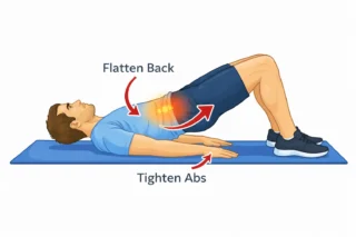 Man performing anterior pelvic tilt exercises: posterior pelvic tilt to flatten lower back and engage core for posture correction.
