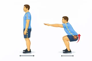 Man performing anterior pelvic tilt exercises: bodyweight squat to improve posture, engage glutes, and correct pelvic alignment.