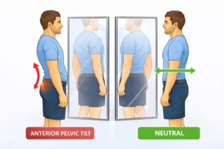 Man comparing anterior pelvic tilt vs neutral posture — visual guide to identify and correct pelvic alignment for better back health.