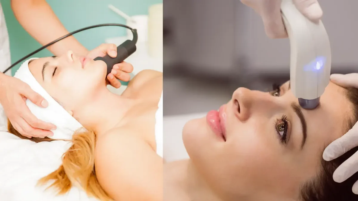 Sofwave vs. Morpheus8 skin tightening treatments performed on women's faces using advanced aesthetic devices.